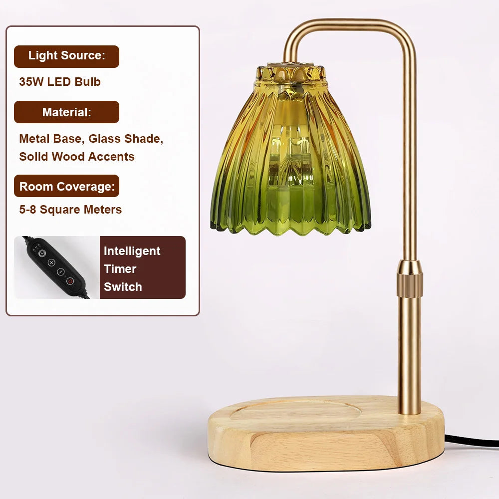 Candle Warmer Lamp with Timer Dimmable,Retro Wooden Base Glass Lampshade Warm Atmosphere Candle Heating Light Home Holiday Decor