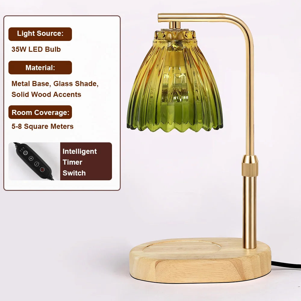 Candle Warmer Lamp with Timer Dimmable,Retro Wooden Base Glass Lampshade Warm Atmosphere Candle Heating Light Home Holiday Decor