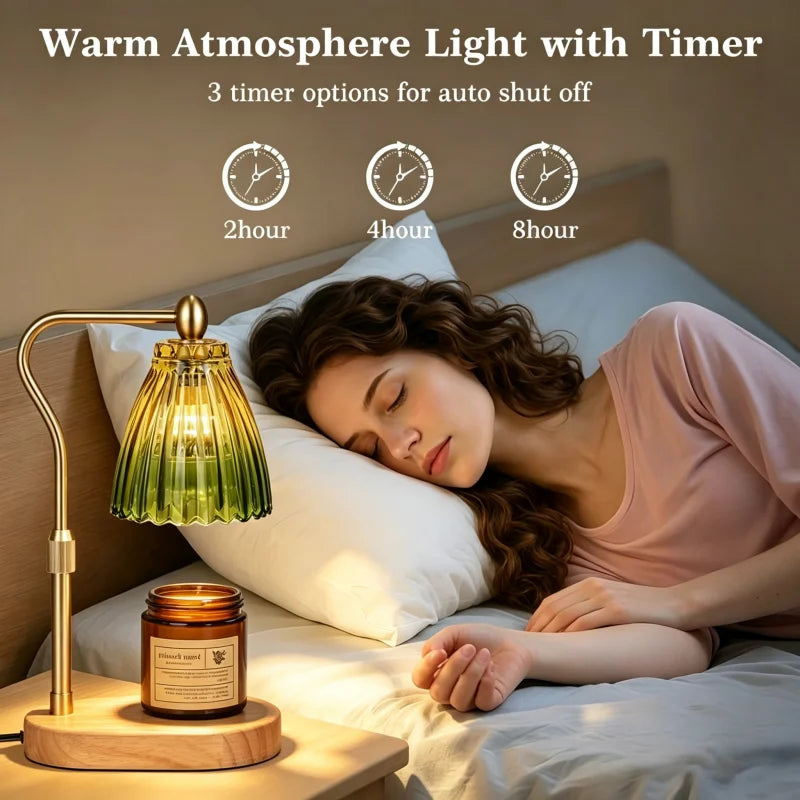 Candle Warmer Lamp with Timer Dimmable,Retro Wooden Base Glass Lampshade Warm Atmosphere Candle Heating Light Home Holiday Decor