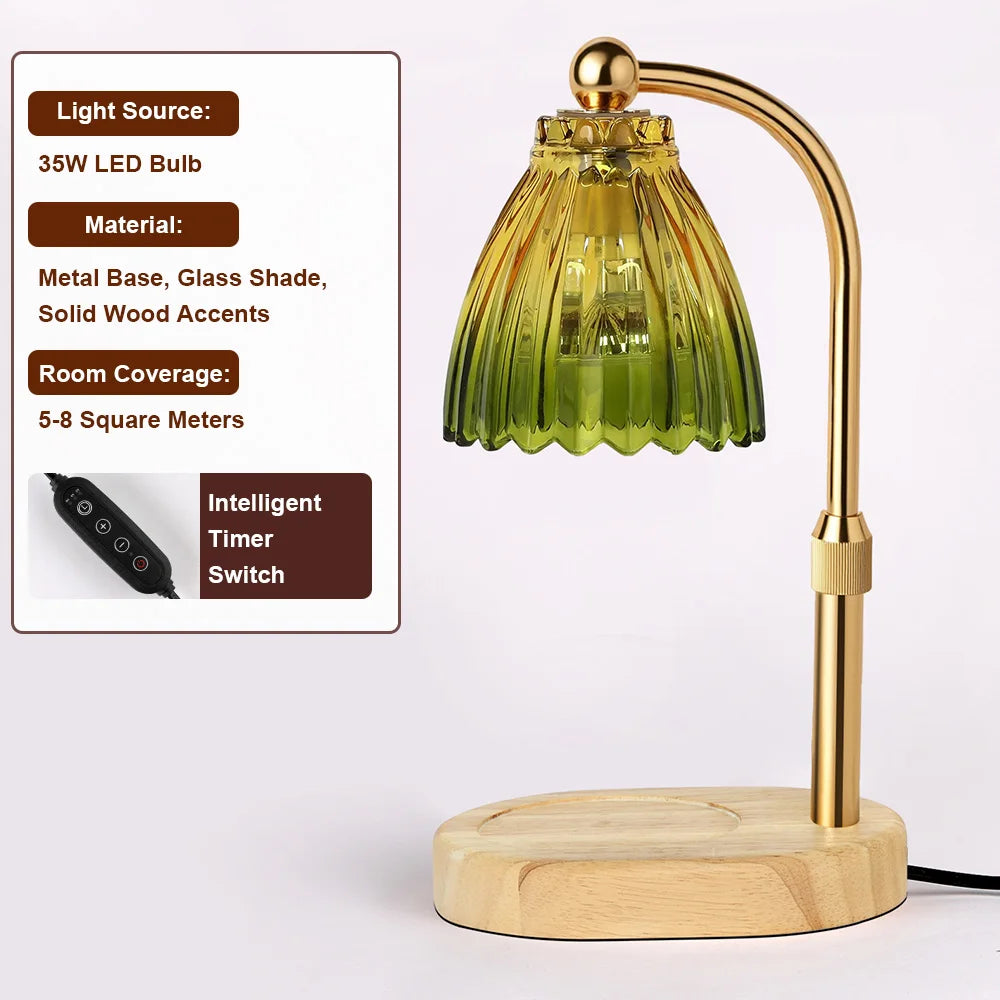 Candle Warmer Lamp with Timer Dimmable,Retro Wooden Base Glass Lampshade Warm Atmosphere Candle Heating Light Home Holiday Decor