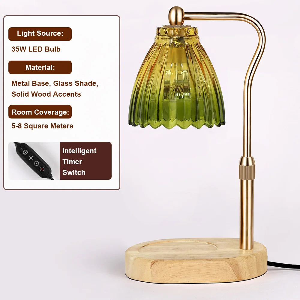 Candle Warmer Lamp with Timer Dimmable,Retro Wooden Base Glass Lampshade Warm Atmosphere Candle Heating Light Home Holiday Decor