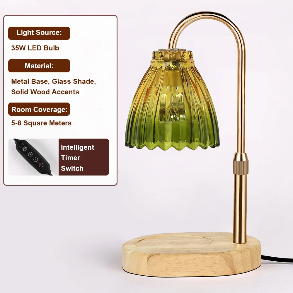 Candle Warmer Lamp with Timer Dimmable,Retro Wooden Base Glass Lampshade Warm Atmosphere Candle Heating Light Home Holiday Decor