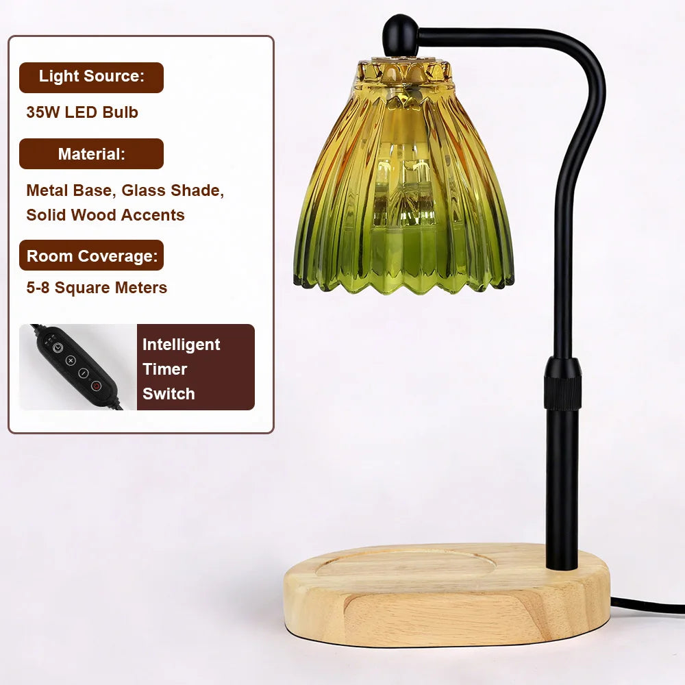 Candle Warmer Lamp with Timer Dimmable,Retro Wooden Base Glass Lampshade Warm Atmosphere Candle Heating Light Home Holiday Decor