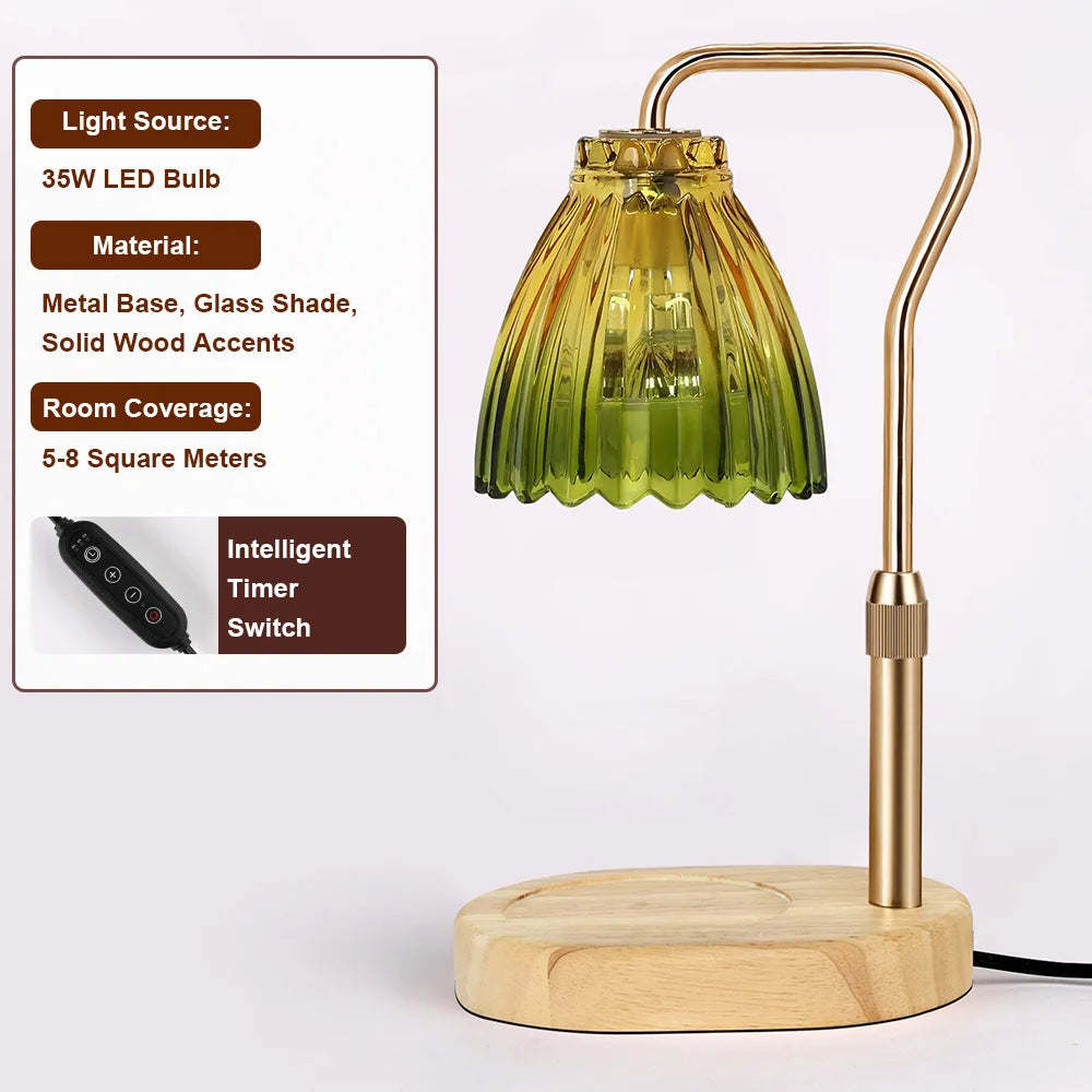 Candle Warmer Lamp with Timer Dimmable,Retro Wooden Base Glass Lampshade Warm Atmosphere Candle Heating Light Home Holiday Decor