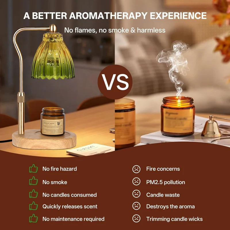 Candle Warmer Lamp with Timer Dimmable,Retro Wooden Base Glass Lampshade Warm Atmosphere Candle Heating Light Home Holiday Decor