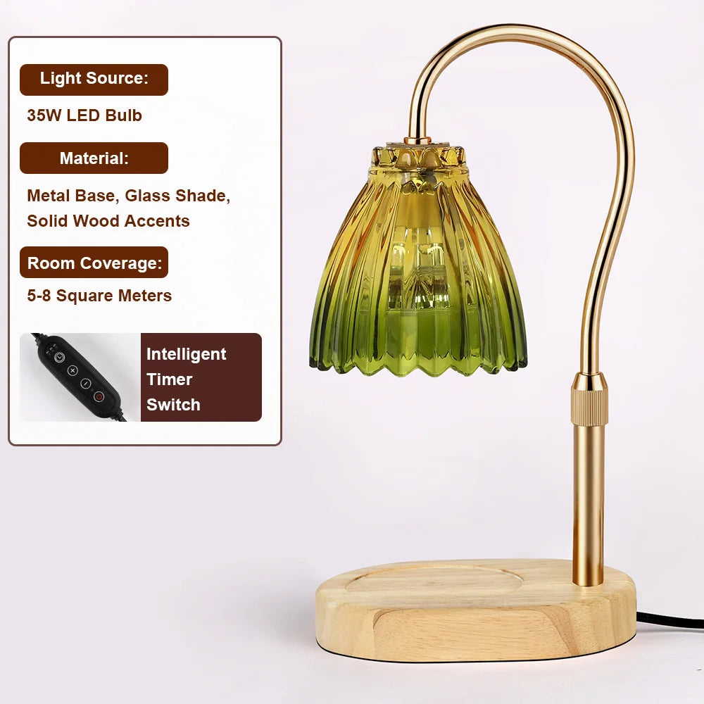 Candle Warmer Lamp with Timer Dimmable,Retro Wooden Base Glass Lampshade Warm Atmosphere Candle Heating Light Home Holiday Decor
