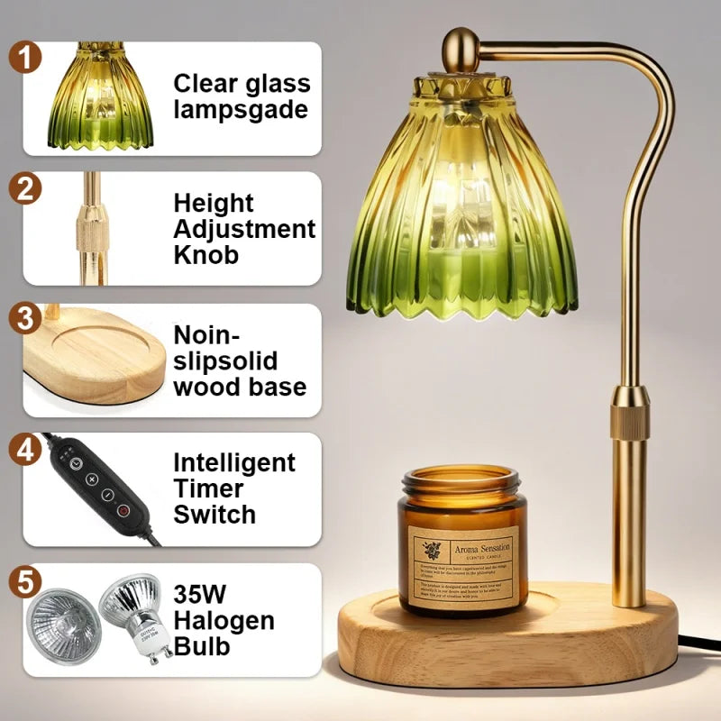 Candle Warmer Lamp with Timer Dimmable,Retro Wooden Base Glass Lampshade Warm Atmosphere Candle Heating Light Home Holiday Decor